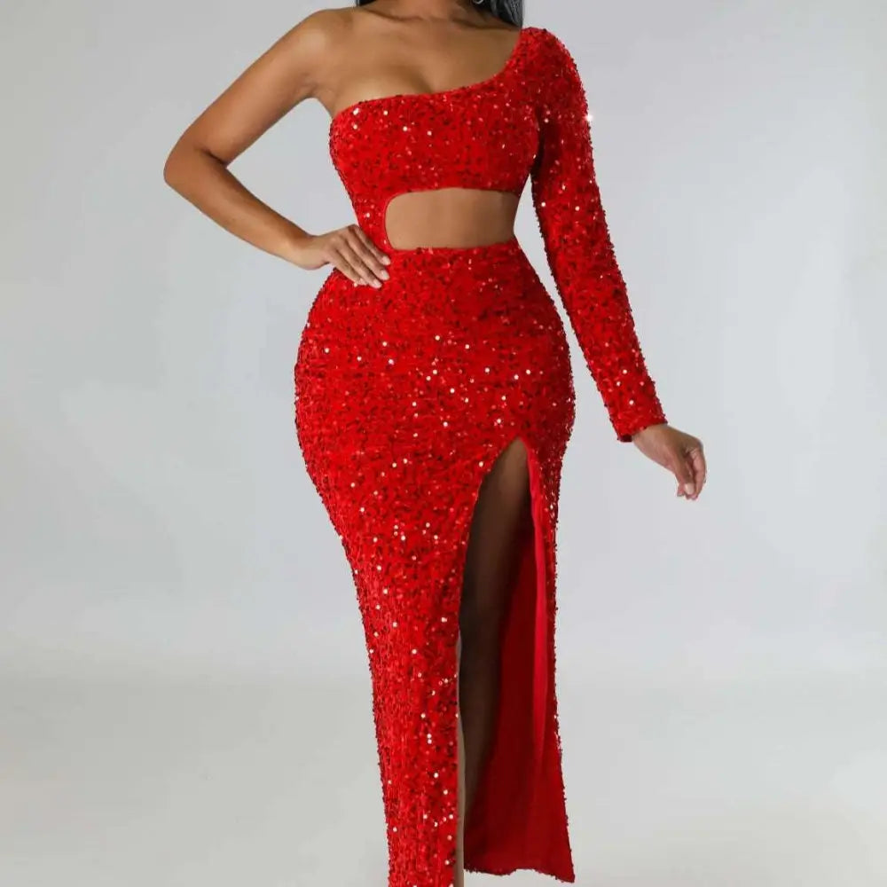 Red One Shoulder Fashionable Sequins Sexy Navel Split Dress