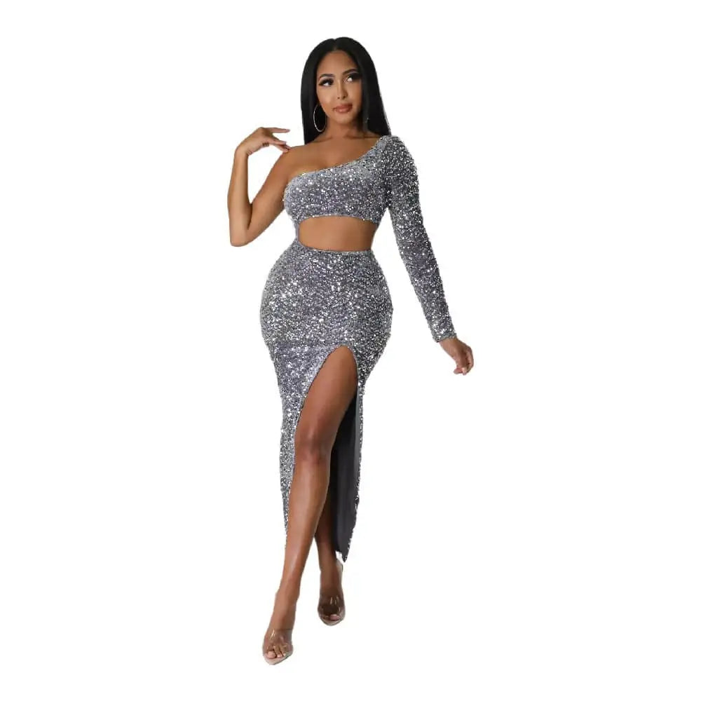 Red One Shoulder Fashionable Sequins Sexy Navel Split Dress