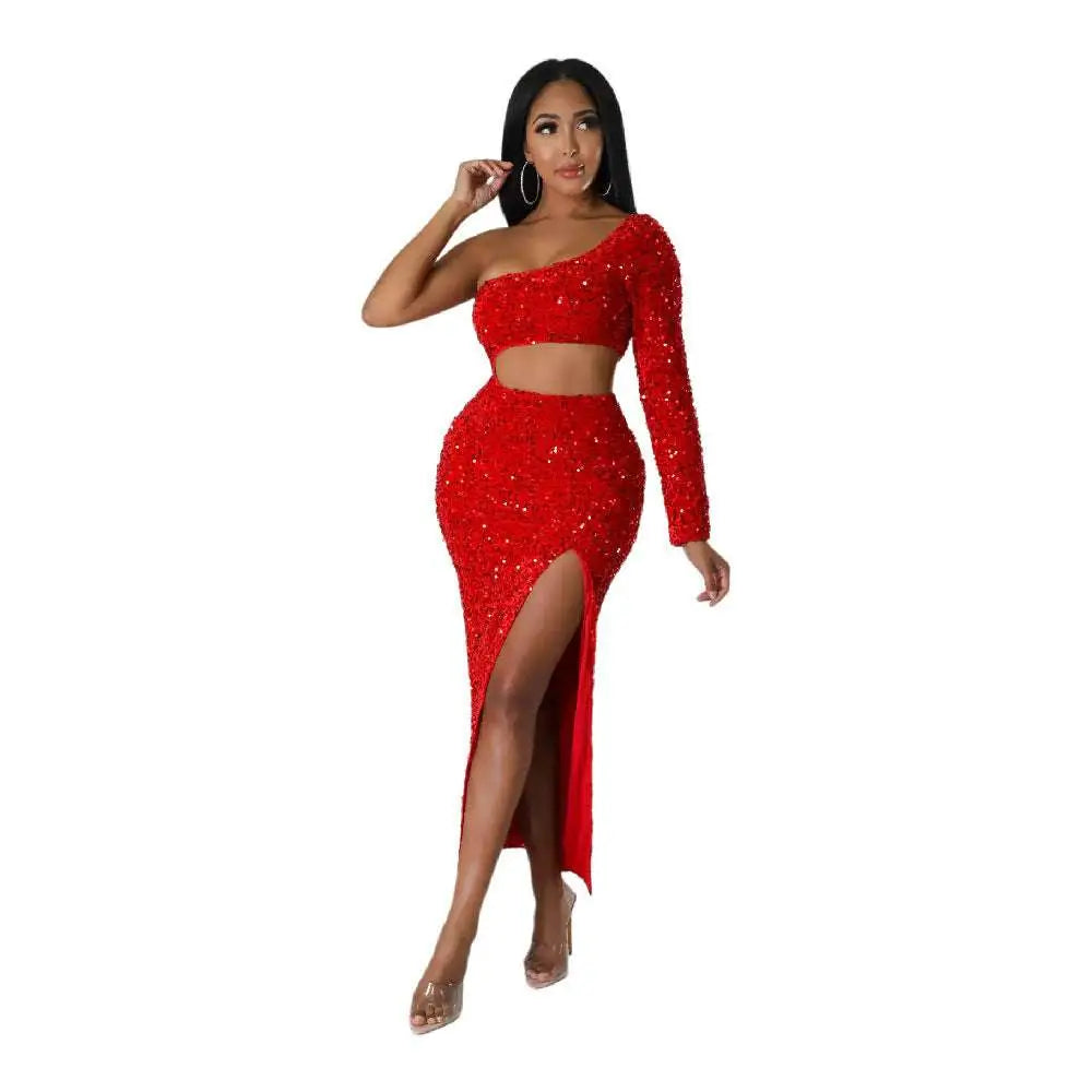 Red One Shoulder Fashionable Sequins Sexy Navel Split Dress