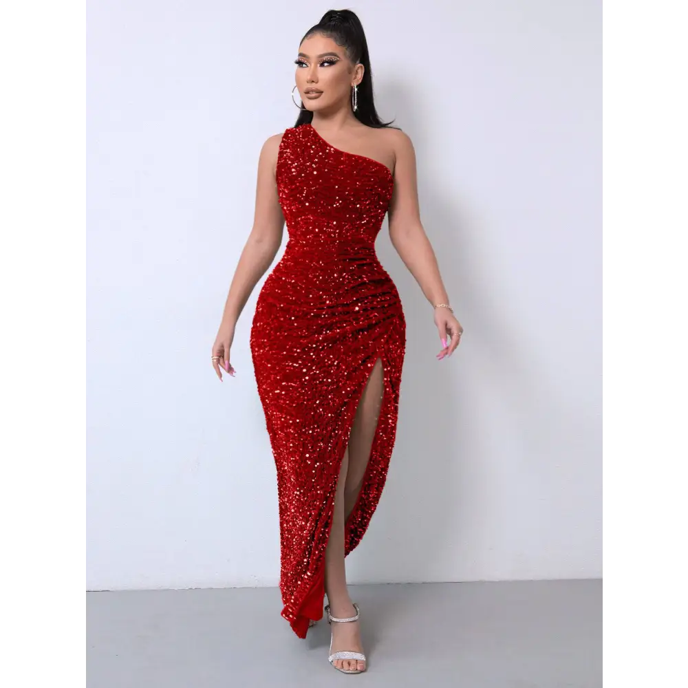 Red One Shoulder Slash Neck Sequins Slit Dress