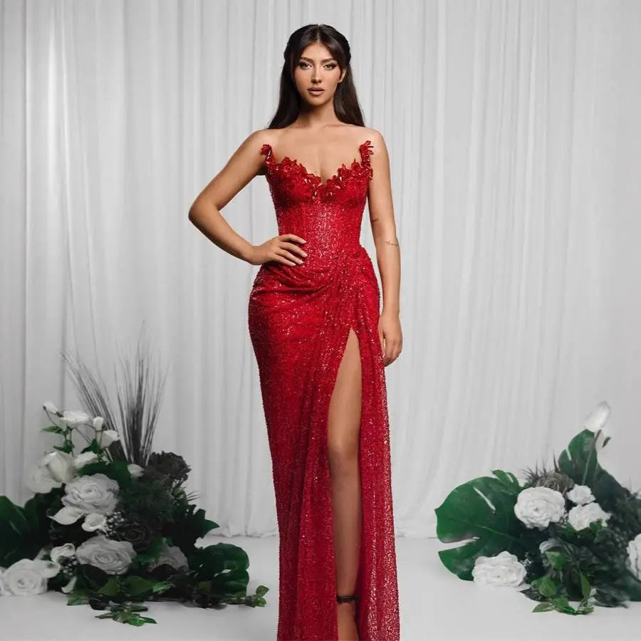 Red Paillette Tube High Slit Sequin Gown