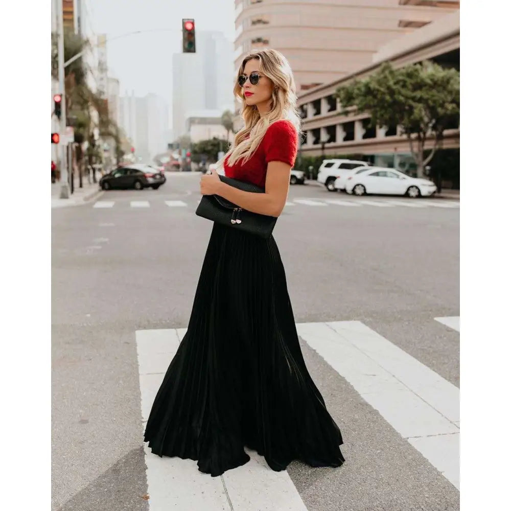 Red Pleated High Waist Women Fashion Casual Skirt