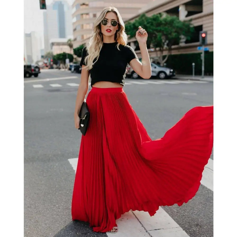 Red Pleated High Waist Women Fashion Casual Skirt