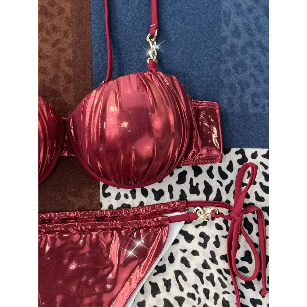 Red Ruched Steel Bracket Push Up Metallic Bikini