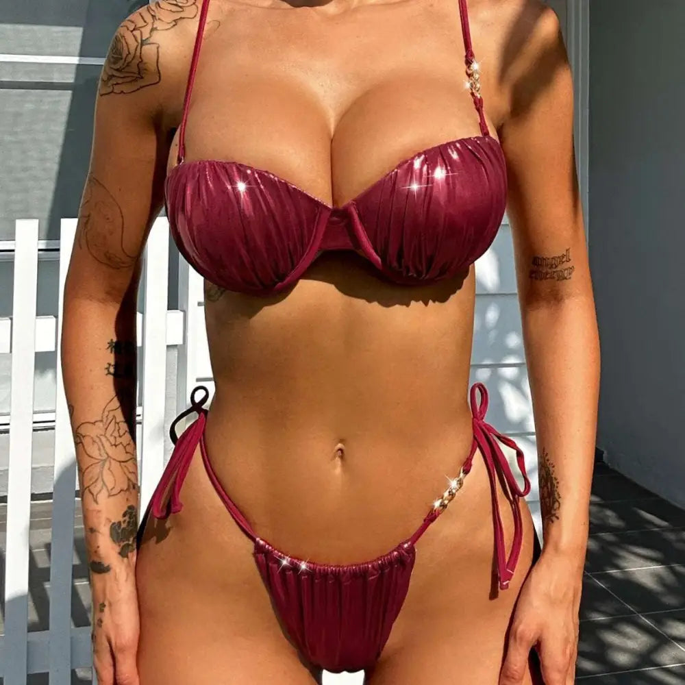 Red Ruched Steel Bracket Push Up Metallic Bikini