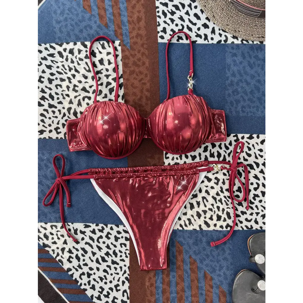 Red Ruched Steel Bracket Push Up Metallic Bikini