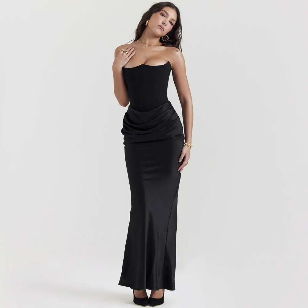 Red Satin Long Dress Sexy Fashion Bandeau Mermaid Gown