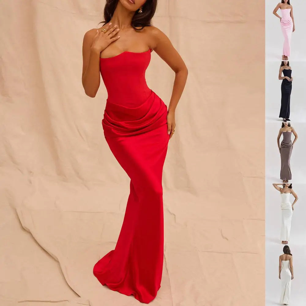 Red Satin Long Dress Sexy Fashion Bandeau Mermaid Gown