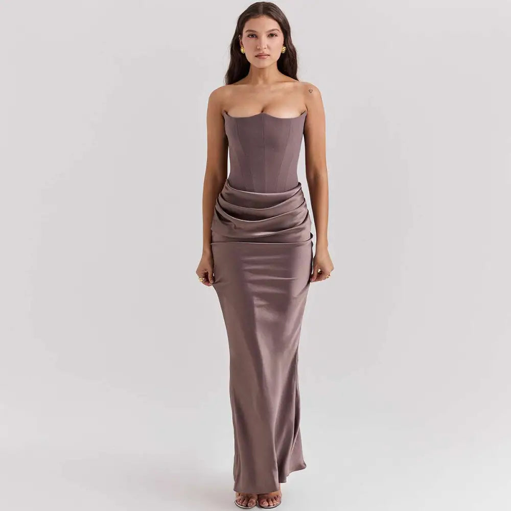 Red Satin Long Dress Sexy Fashion Bandeau Mermaid Gown