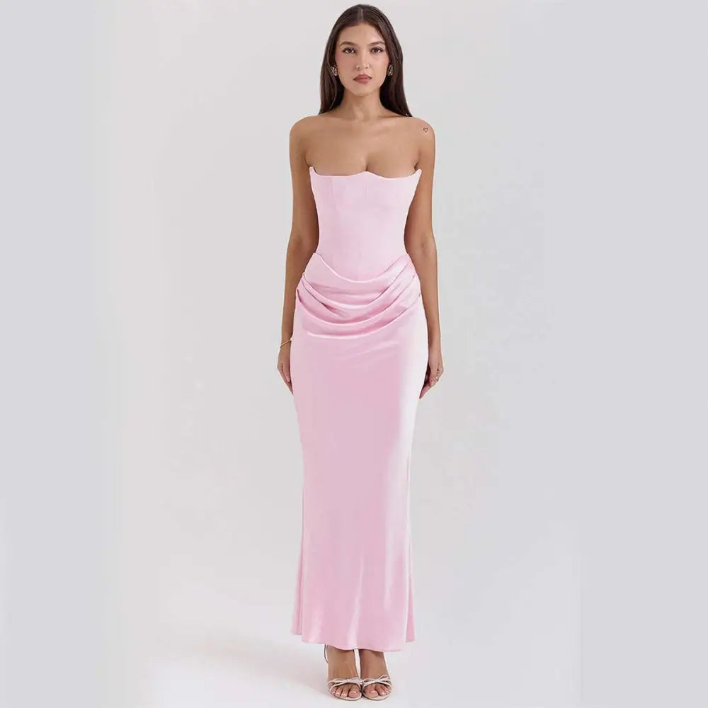 Red Satin Long Dress Sexy Fashion Bandeau Mermaid Gown