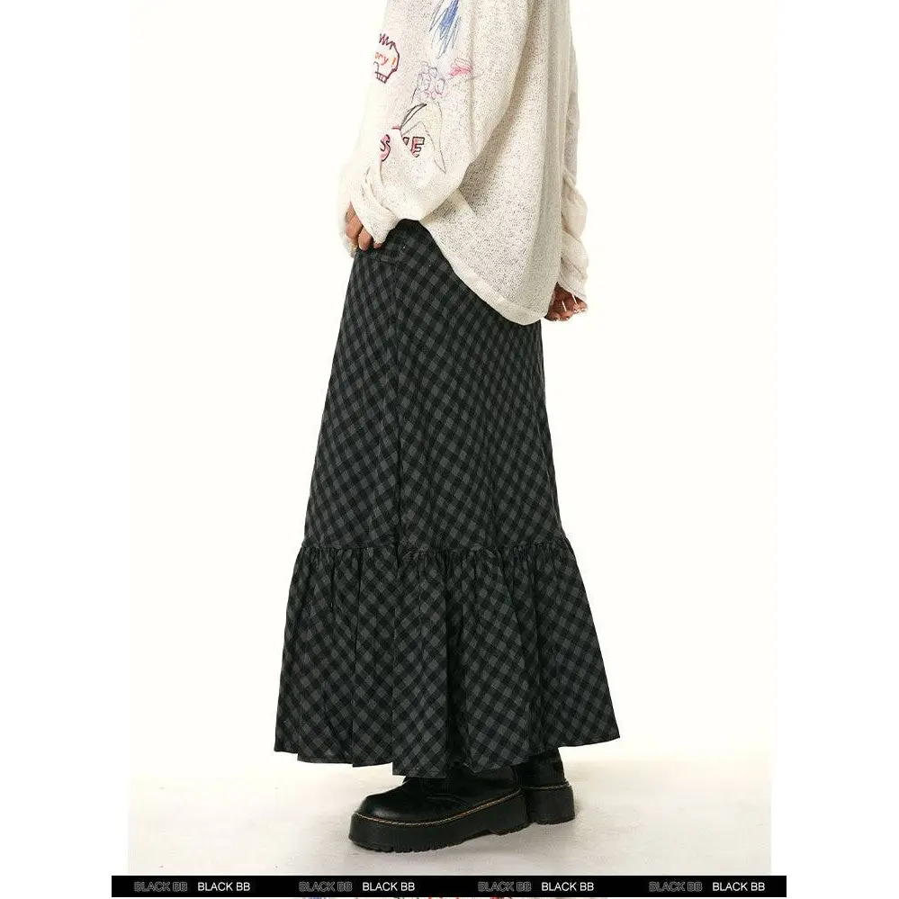 Retro Easy Matching Ruffled Plaid Fishtail Skirt