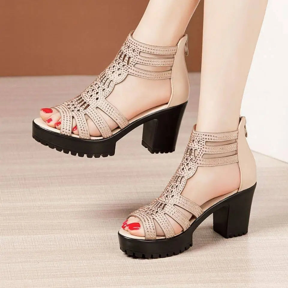 Rhinestone Fish Mouth Medium Platform Sandals