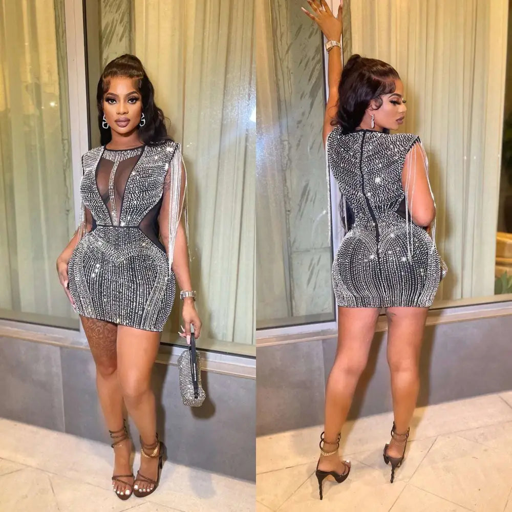Rhinestone Mesh Hot Drilling Mini Dress