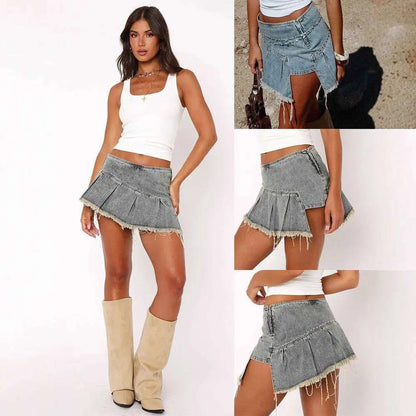 Rivet Irregular Pleated Denim Skirt