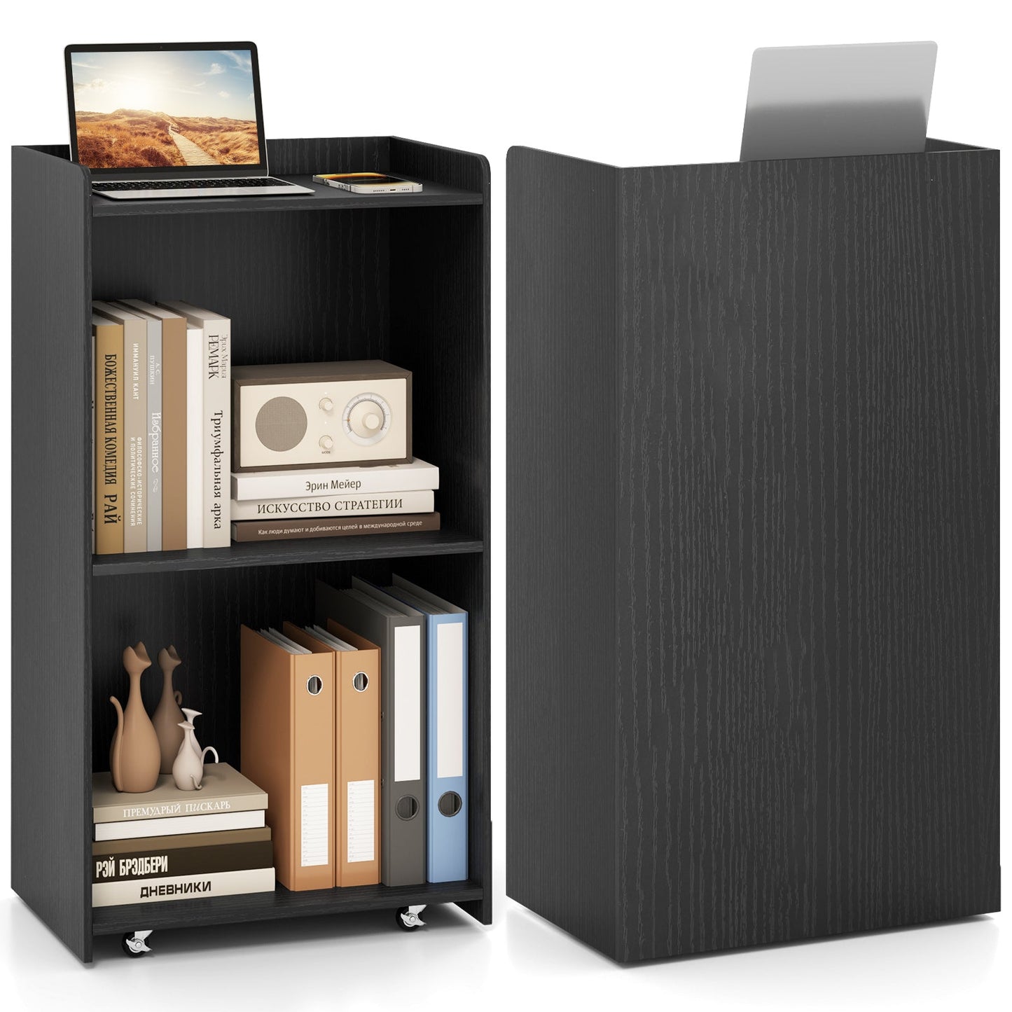 Rolling Podium Stand with 2 Shelves and Lockable Wheels