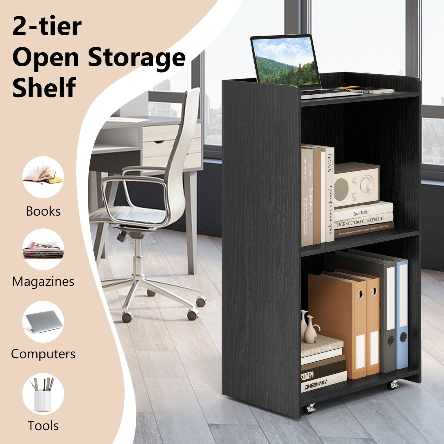 Rolling Podium Stand with 2 Shelves and Lockable Wheels