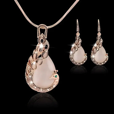 Rose Gold Rose Pink Jade Peacock Jewelry Set