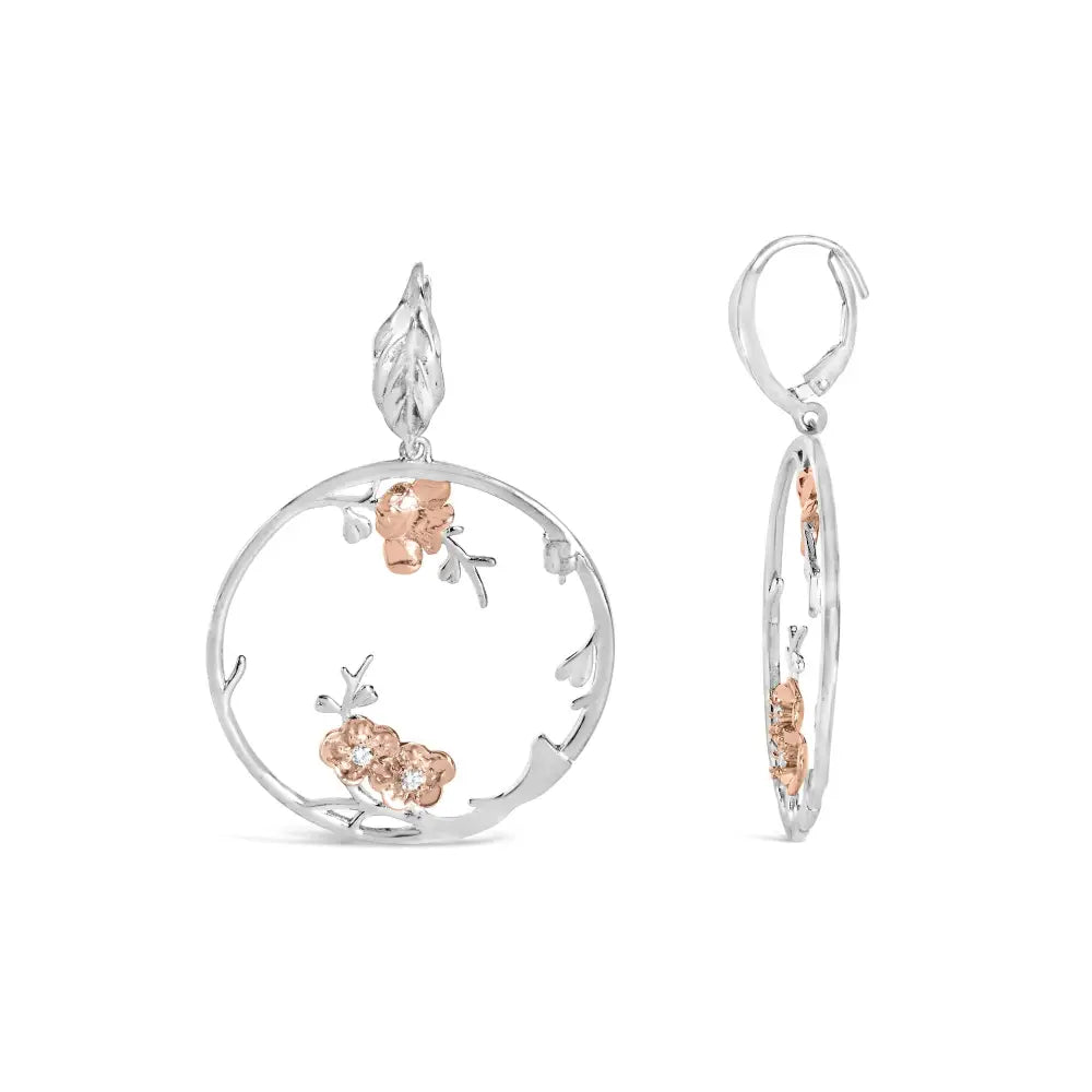 Diamond Floral Dangle Earrings in Rose Gold Sterling Silver 1/10 cttw