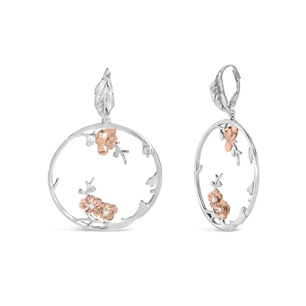 Diamond Floral Dangle Earrings in Rose Gold Sterling Silver 1/10 cttw