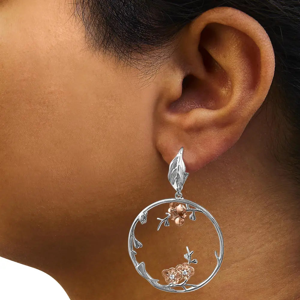 Diamond Floral Dangle Earrings in Rose Gold Sterling Silver 1/10 cttw