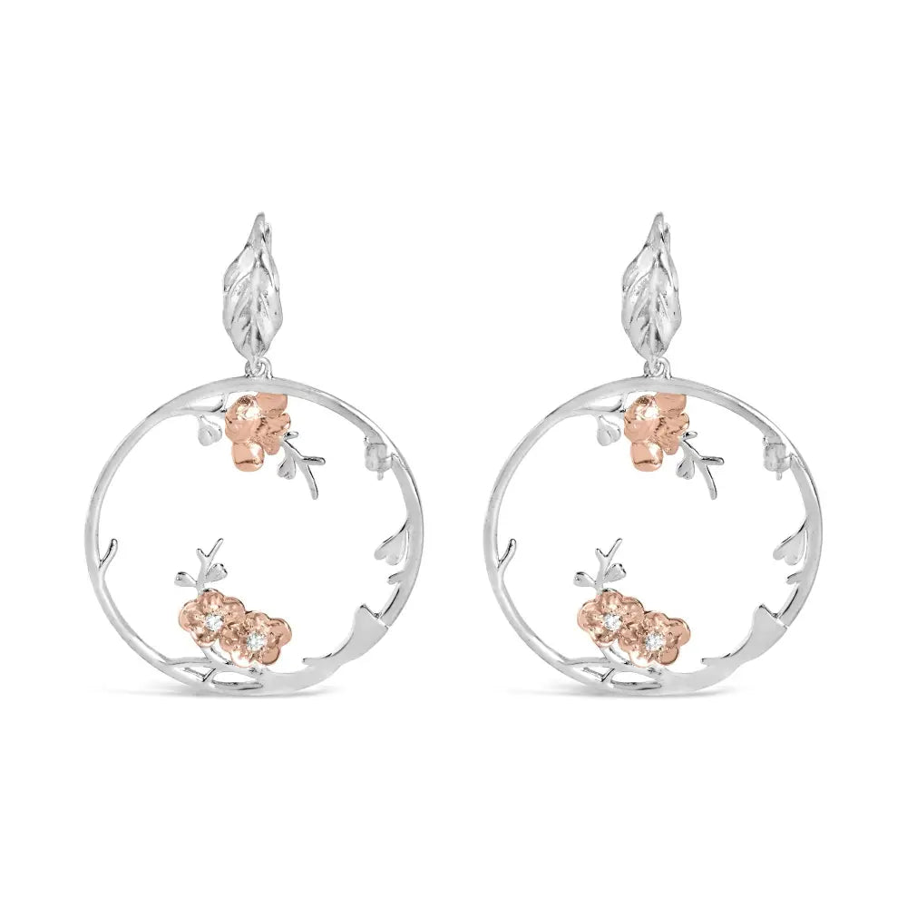 Diamond Floral Dangle Earrings in Rose Gold Sterling Silver 1/10 cttw