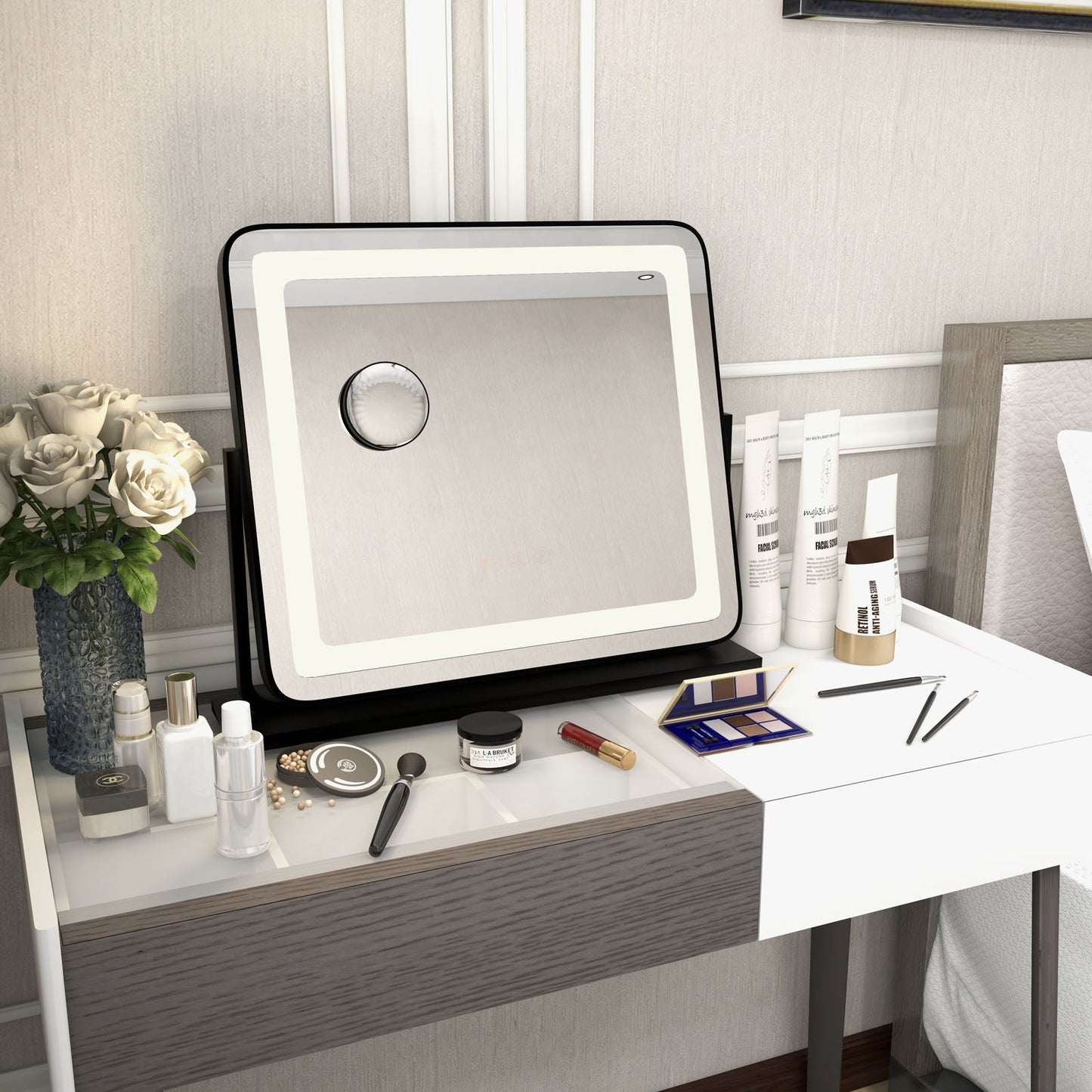 360¬∞ Rotatable Vanity Makeup Mirror with 3 Color Lighting Modes and Touch Control-Black