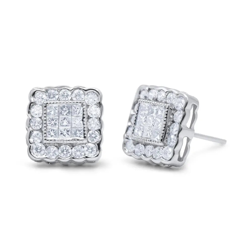 Round & Princess Cut Diamond Halo Stud Earrings in 14K White Gold – 1 cttw