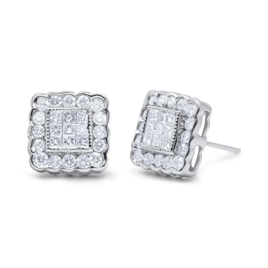 Round & Princess Cut Diamond Halo Stud Earrings in 14K White Gold – 1 cttw