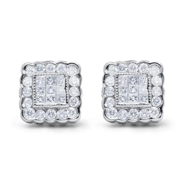 Round & Princess Cut Diamond Halo Stud Earrings in 14K White Gold – 1 cttw
