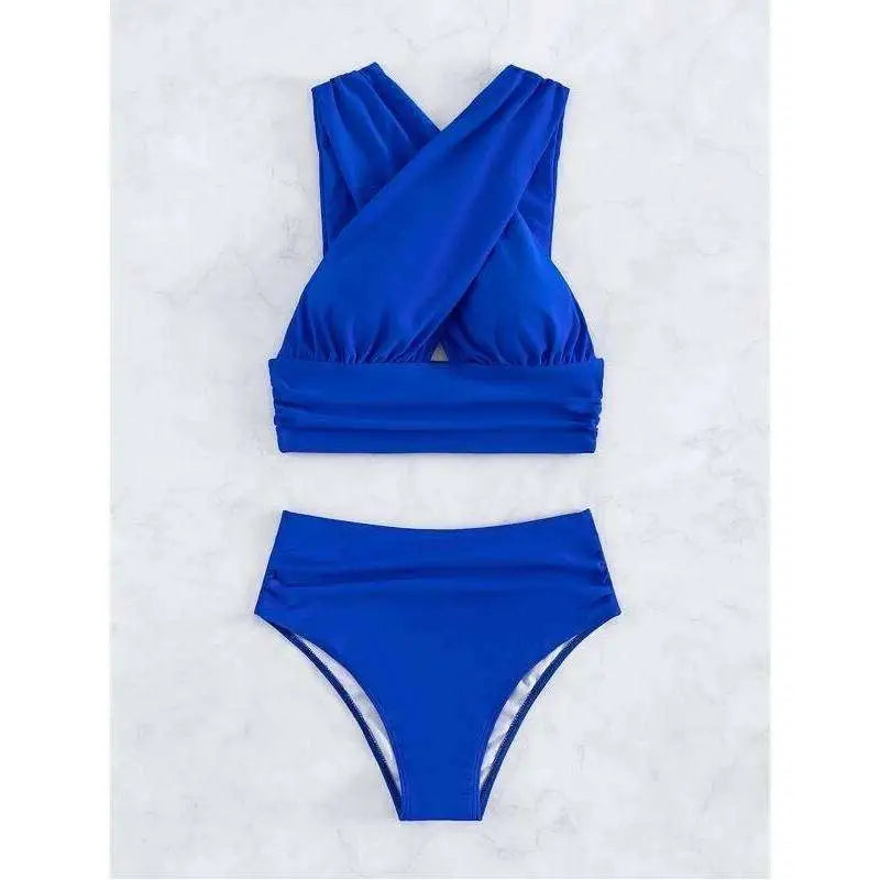 Royal Blue Cross Halterneck Pleated Swimsuit