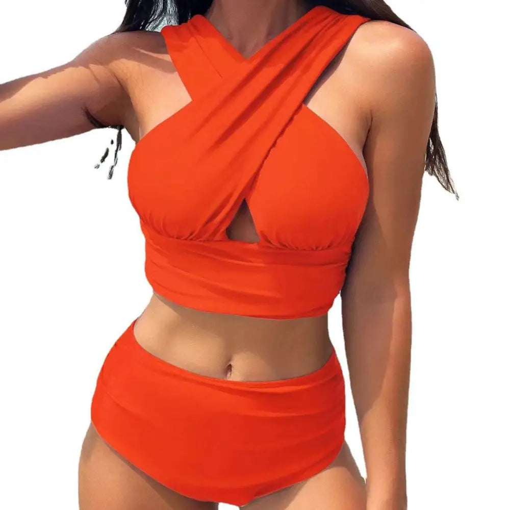 Royal Blue Cross Halterneck Pleated Swimsuit