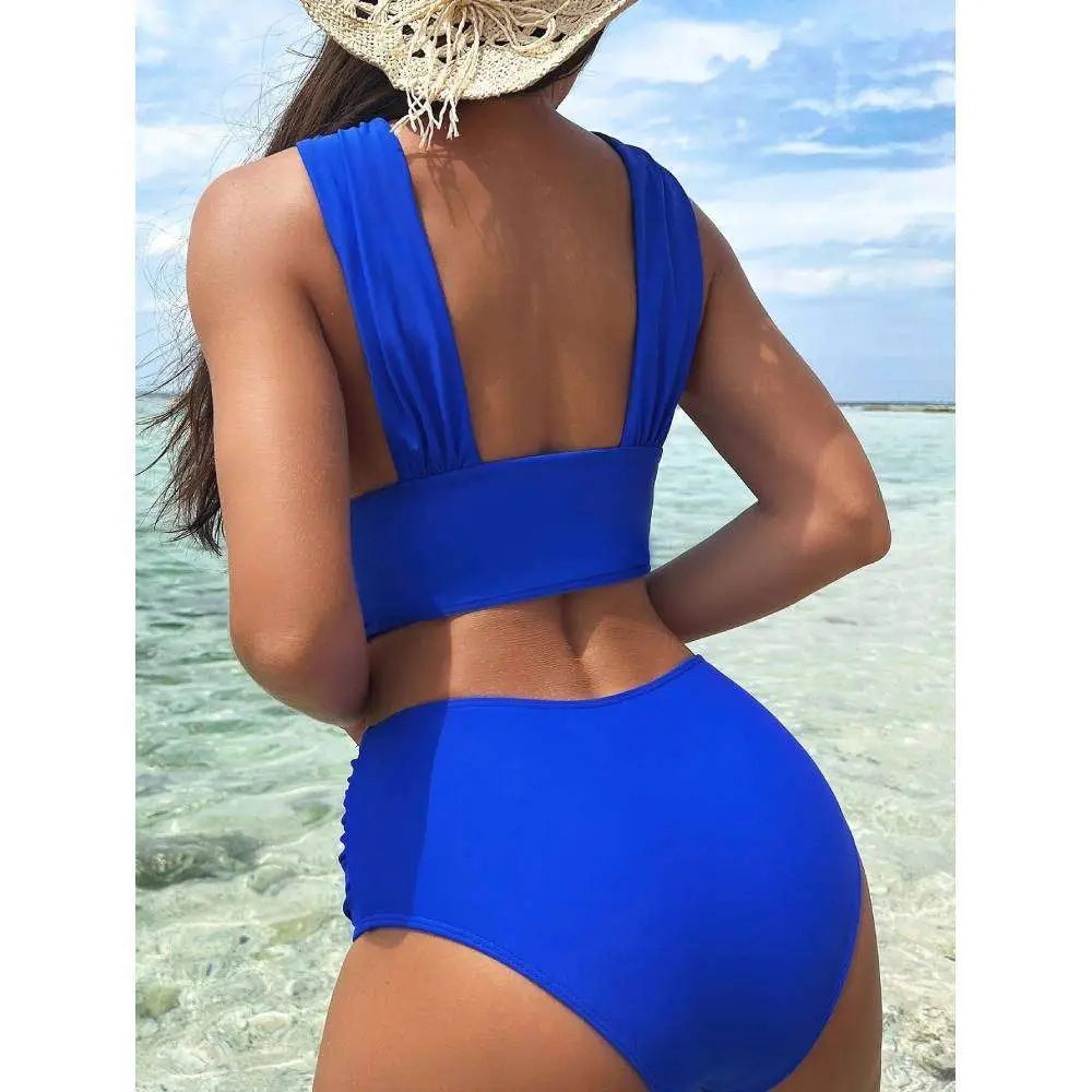 Royal Blue Cross Halterneck Pleated Swimsuit