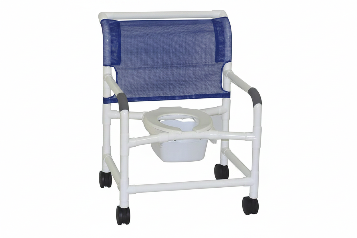 MJM International 126-4-NB Extra-wide Shower Chair 26" Internal Width, Open Front Seat0 Qt. Slide Out Commode Pail, 425 Lbs Weight Capacity