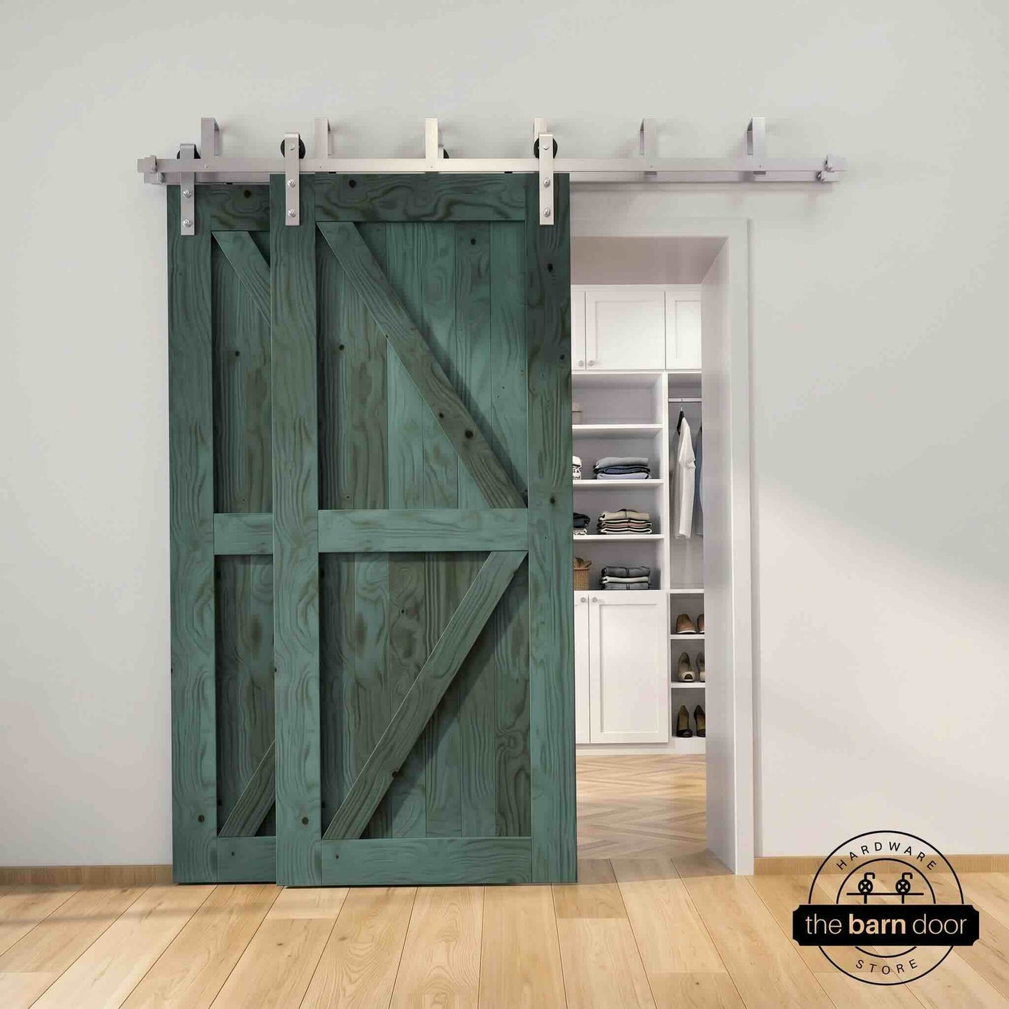 Classic Double Bypass 2 Door Barn Door Kit | Brushed Nickel Hardware