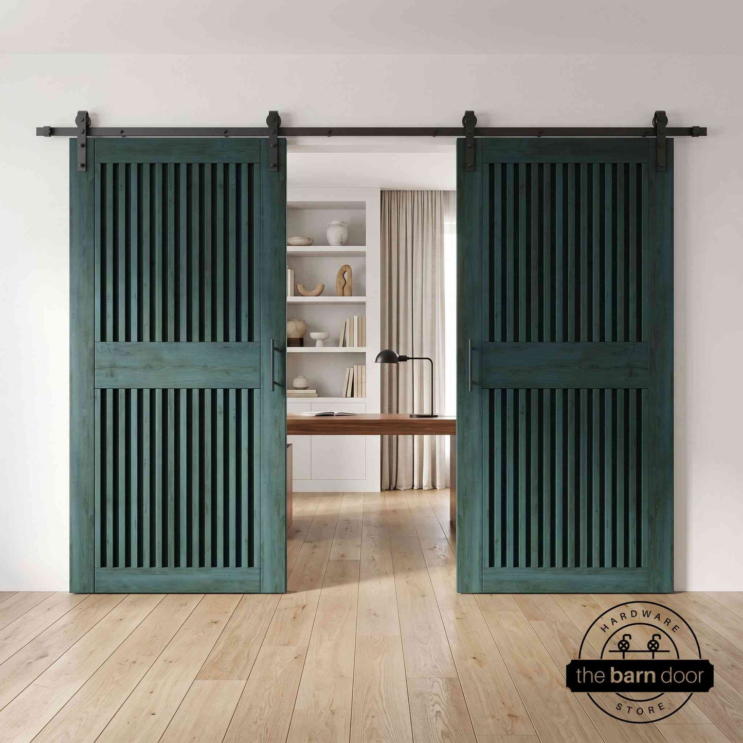Vertical Slat Double Door Barn Door Kit | Black Barn Door Hardware