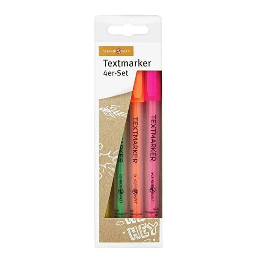 Schreibwelt Highlighter Set - 4 Assorted Colors Fluorescent Markers for Note Taking, Studying, Office, Textbook Highlighting