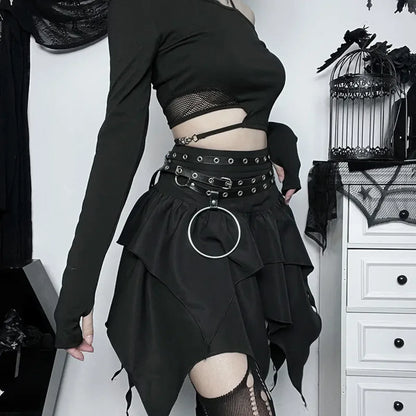 Gothic Punk Ruffle Skirt – Irregular Hem Drawstring Tie-Up Mini Skirt
