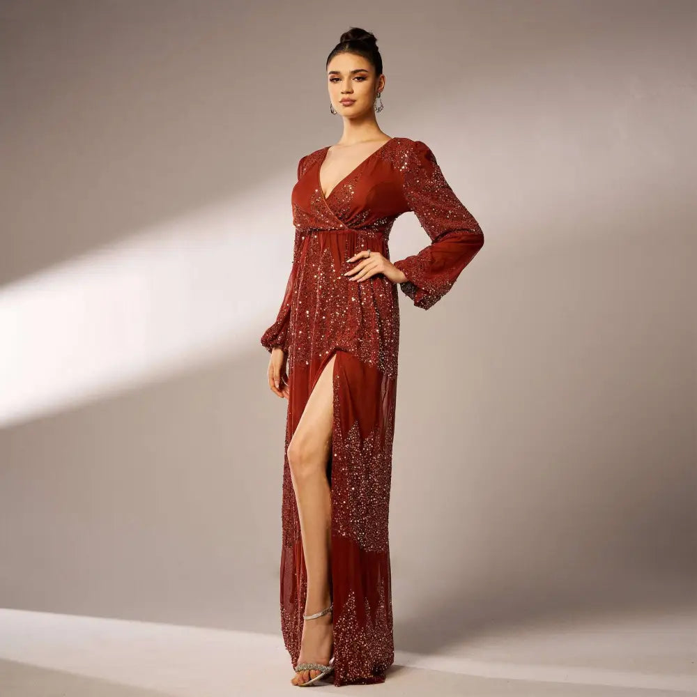 Rust Bell Sleeve Sexy Long Sequined Evening Dress