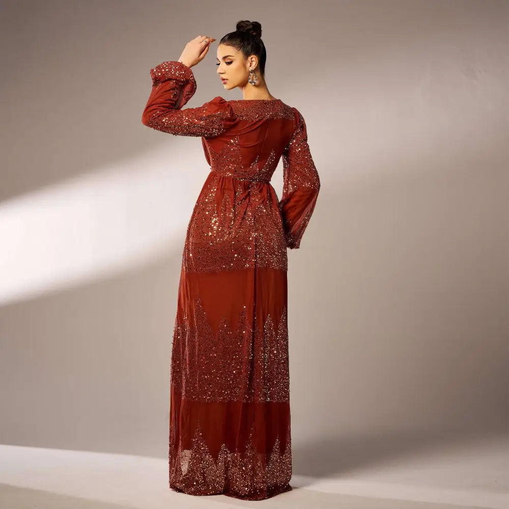 Rust Bell Sleeve Sexy Long Sequined Evening Dress