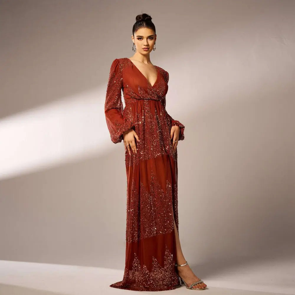 Rust Bell Sleeve Sexy Long Sequined Evening Dress