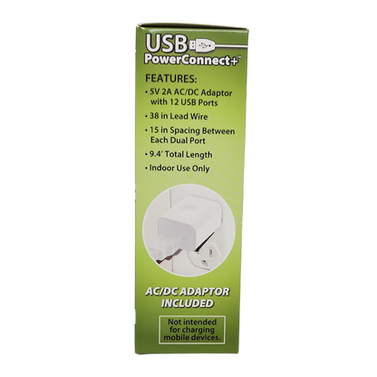 USB Power Extension Cord+ With White Wire and 12 Ports