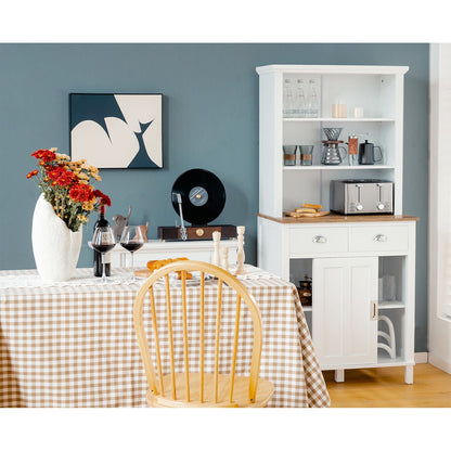 Freestanding Kitchen Pantry with Hutch Sliding Door and Drawer-White