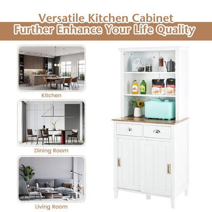 Freestanding Kitchen Pantry with Hutch Sliding Door and Drawer-White