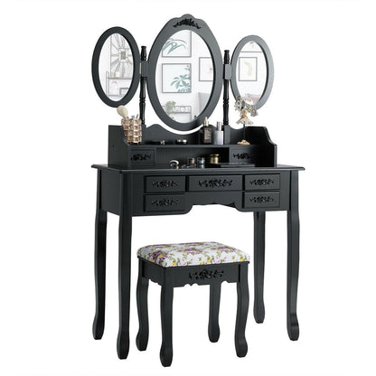 7 Drawer Tri-Folding Mirror Dressing Vanity Makeup Set