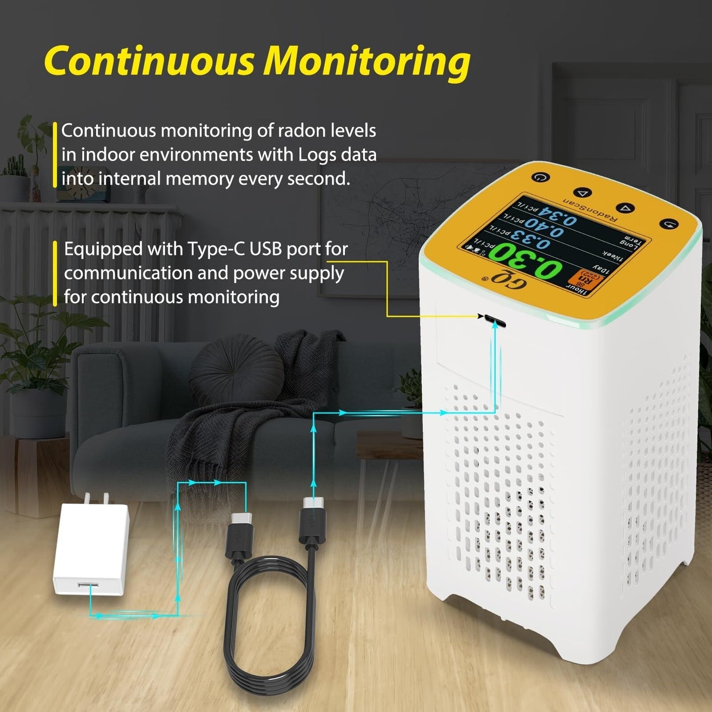 GQ RadonScan Home Radon Detector Monitor Alpha Radiation Large Color Display