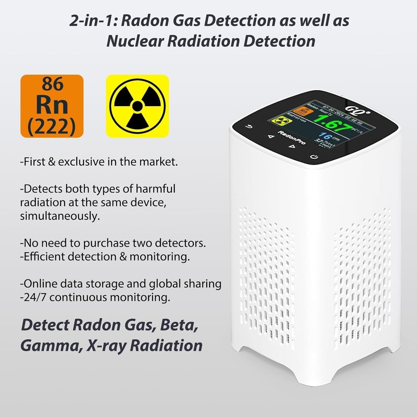 GQ Radon Pro 2-in-1 Radon & Radiation Detector Geiger Counter Fast, Accurate
