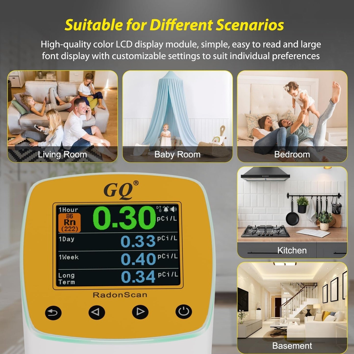 GQ RadonScan Home Radon Detector Monitor Alpha Radiation Large Color Display