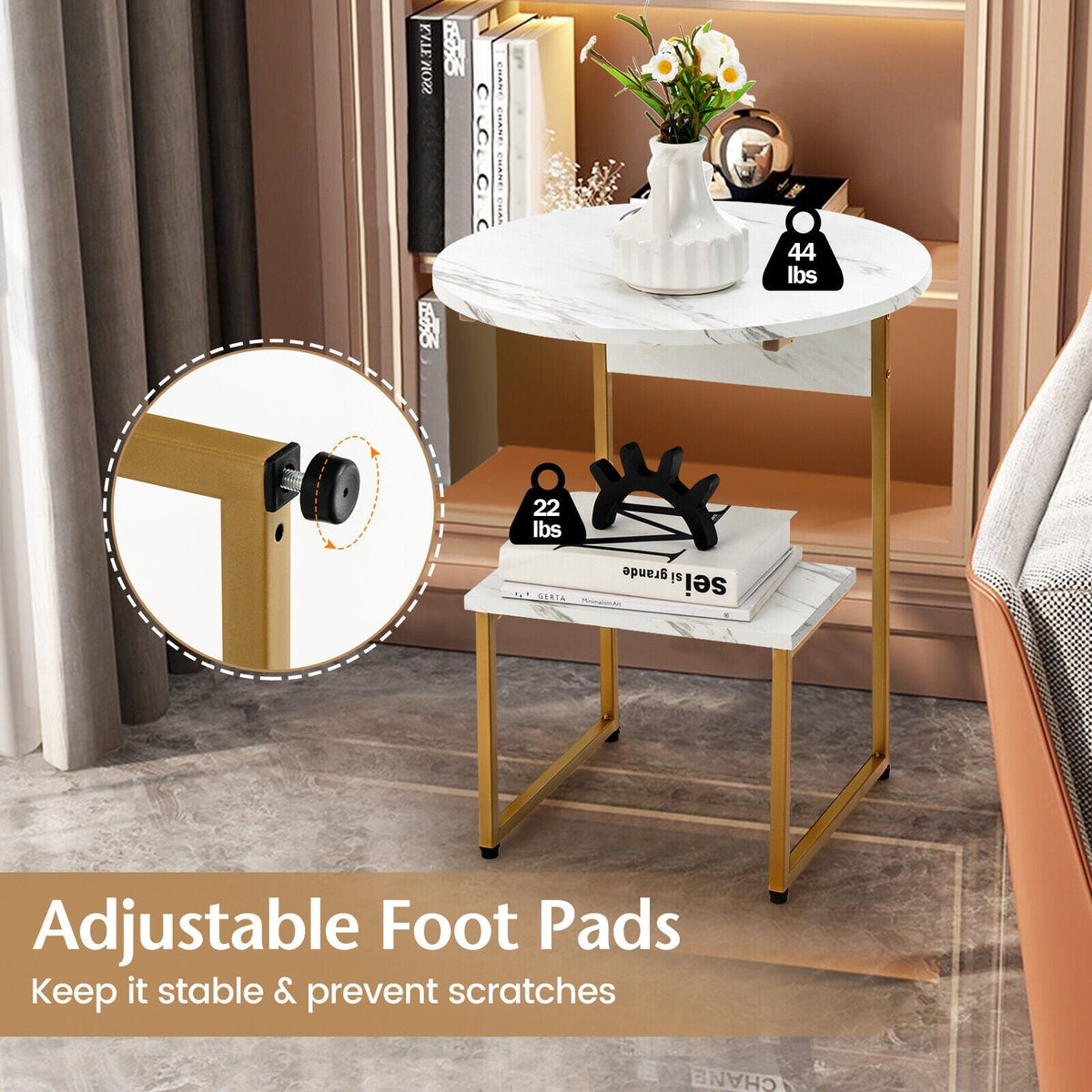 2-Tier Round End Beside Table with Metal Frame-White