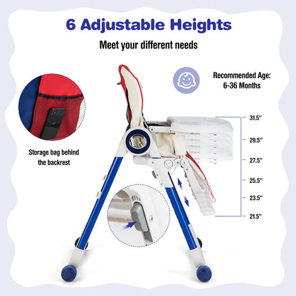 Baby High Chair Foldable Feeding Chair with 4 Lockable Wheels-Red