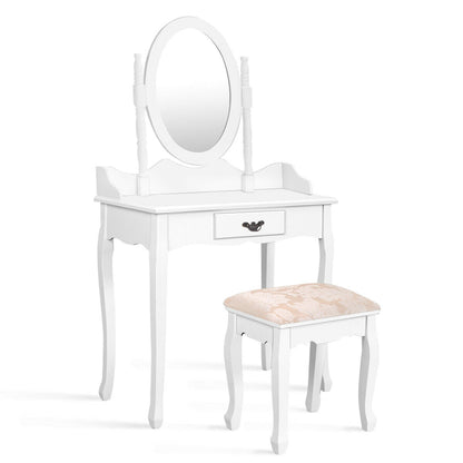 Wooden Vanity Makeup Set with Cushioned Stool and Oval Rotating Mirror